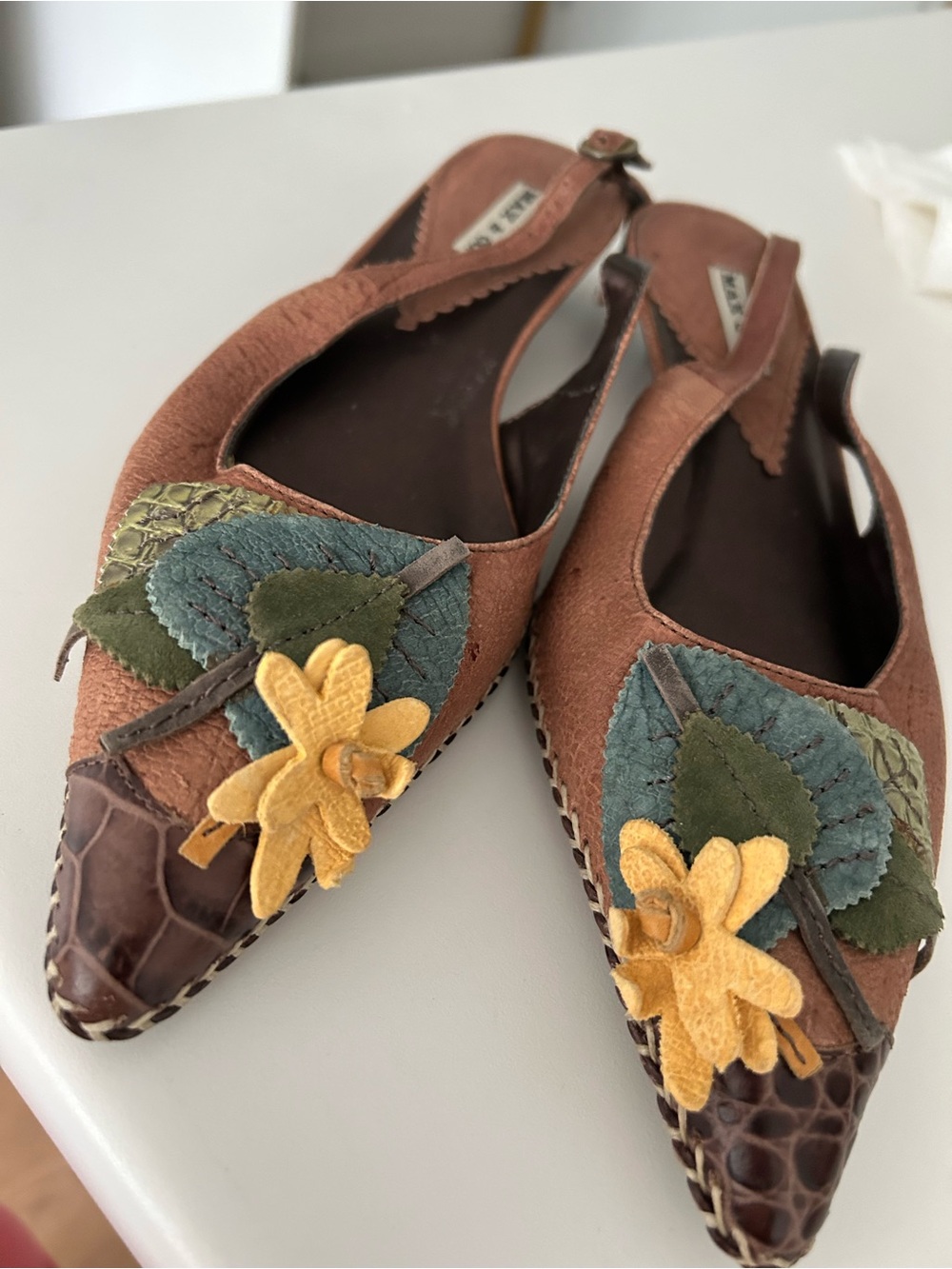 Women's Brown Leather Sling-back Shoes with Decorative Accents